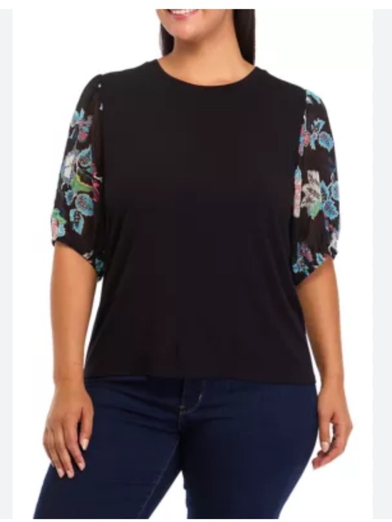 Tahari Tops - NWT Tahari 2X Black Floral Sheer Balloon Sleeve Knit Blouse Plus Size